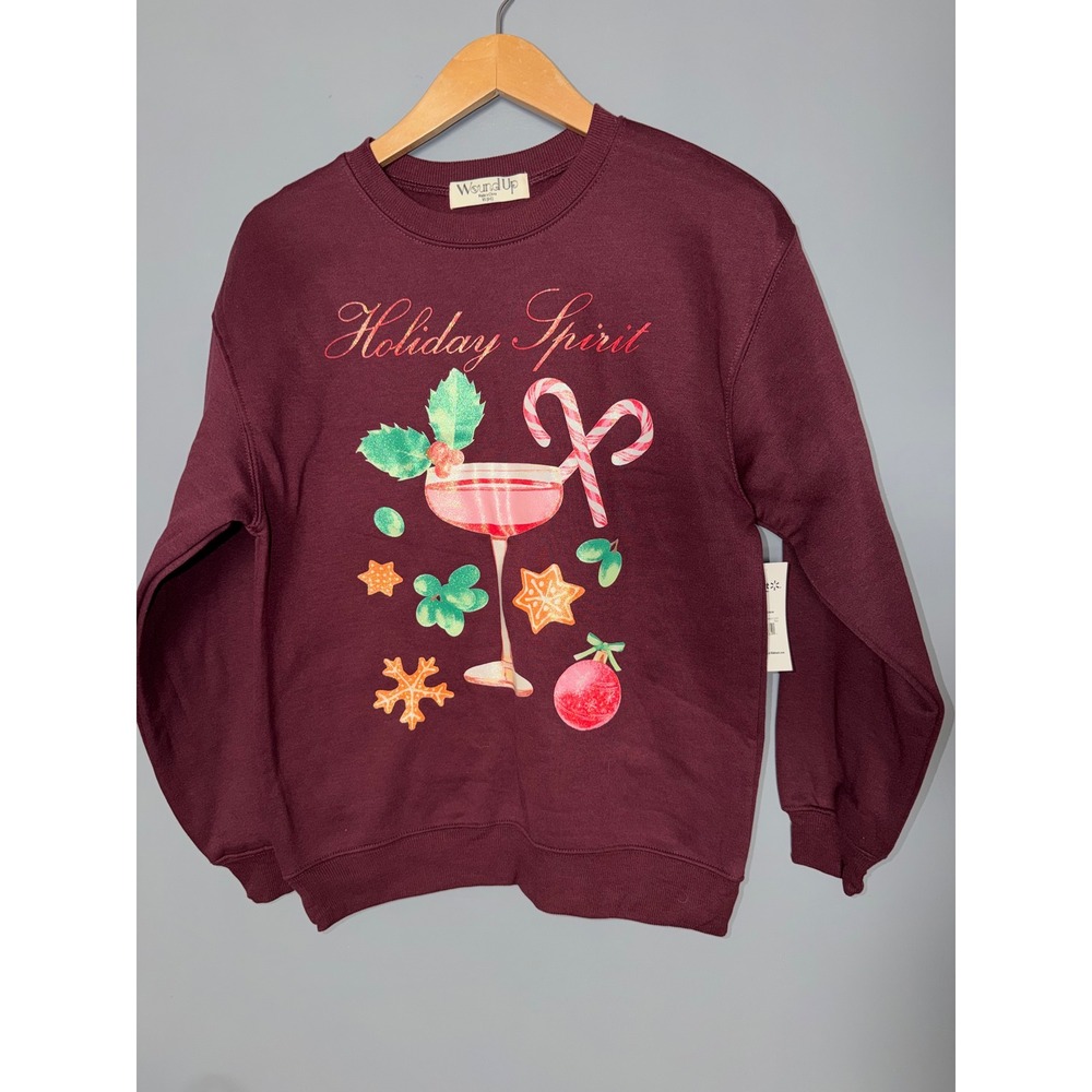 Wound Up Womens Holiday Spirit Graphic Sweatshirt Burgundy Christmas XS New